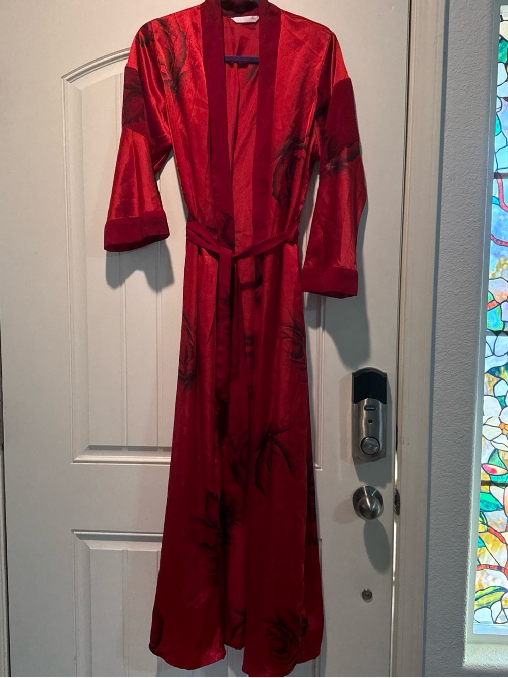 Red Satin Kimono-Style Robe with Waist Tie